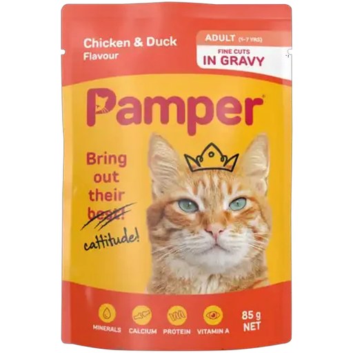 Pamper Chicken & Duck Flavoured Adult Cat Food In Gravy Pouch 85g