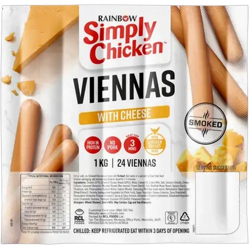 RAINBOW Simply Chicken Cheese Smoked Viennas With Chicken Breast Meat 1kg