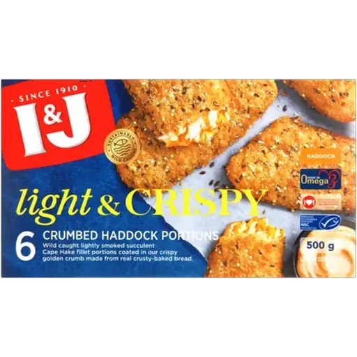 I&J Frozen Light & Crispy Crumbed Haddock Portions 500g