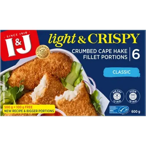 I&J Light & Crispy Classic Frozen Crumbed Cape Hake Fillet Portions 600g