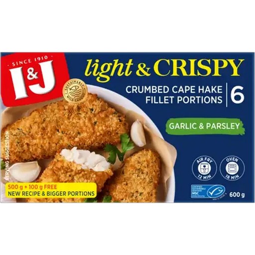 I&J Light & Crispy Garlic & Parsley Frozen Crumbed Cape Hake Fillet Portions 600g