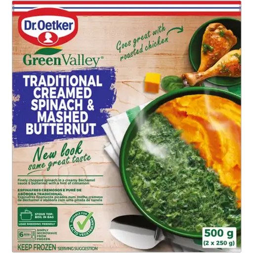 Dr. Oetker Green Valley Frozen Traditional Creamed Spinach & Mashed Butternut 2 x 250g