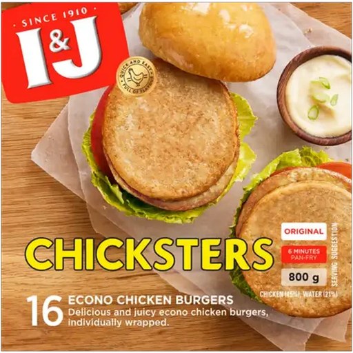 I&J Chicksters Original Frozen Econo Chicken Burgers 800g