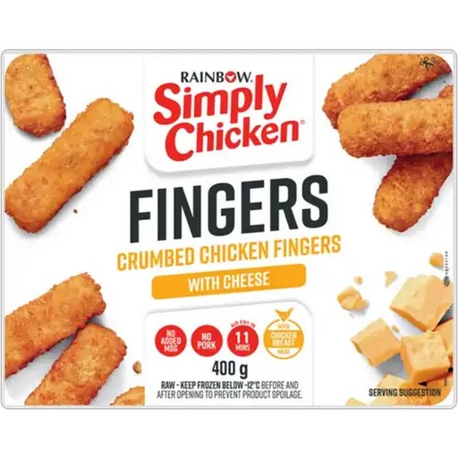 RAINBOW Simply Chicken Frozen Crumbed Chicken Fingers with Cheese 400g