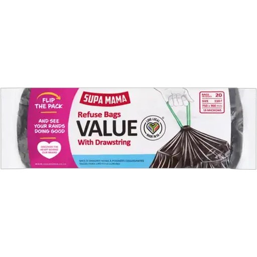 Supa Mama Value Refuse Bags with Drawstring 20 x 110L