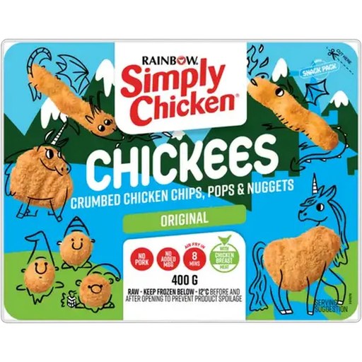 RAINBOW Simply Chicken Original Frozen Chickees Crumbed Chicken Chips, Pops & Nuggets 400g