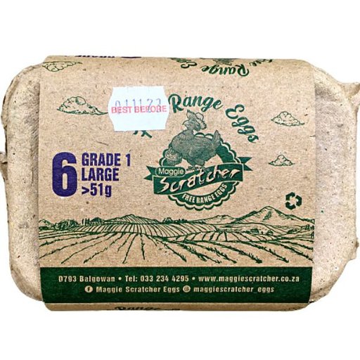 6 Free Range Grade 1 Large Eggs 51G Maggie Scratcher