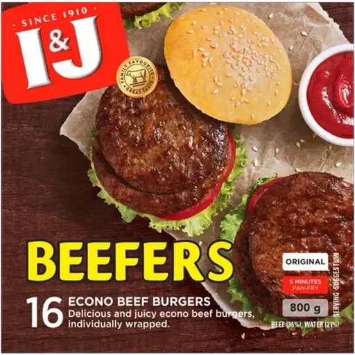 I&J Beefers Original Frozen Econo Beef Burgers 800g